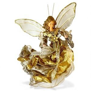 Kurt Adler Angel Tree Topper/Ornament Gold & Silver Wings Ribbon Gown 9" x 8"